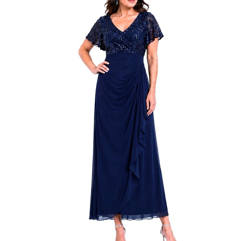 Alex Evenings Petite 12P Navy Sequin Lace Cocktail Dress Maxi Formal Mother Gown